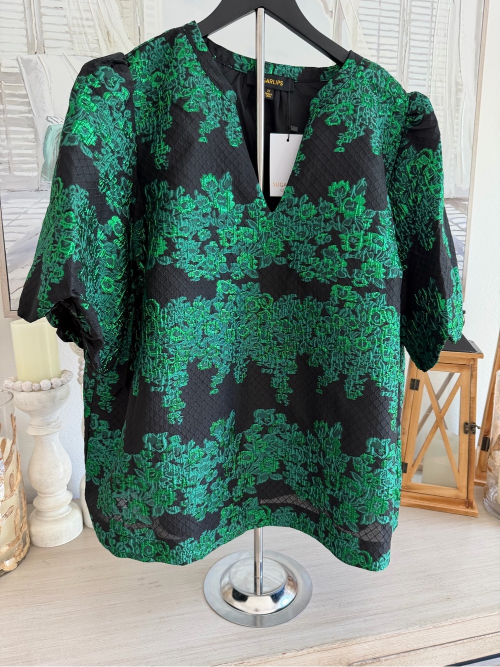 Sugarlips Elyna Jacquard Travia Split Neck top - Picture 4 of 8
